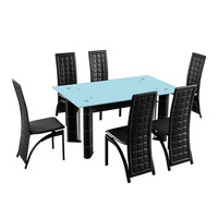 Table à manger design moderne avec plateau en verre trempé et base en cuir, ensemble de chaises en cuir à dossier haut, meubles pour la maison, 6 places