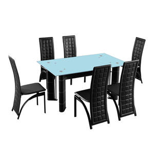 Ensemble de fauteuils modernes en verre trempé avec base en cuir, table à manger et dossier haut en cuir noir, mobilier de maison contemporain - Product Image 5