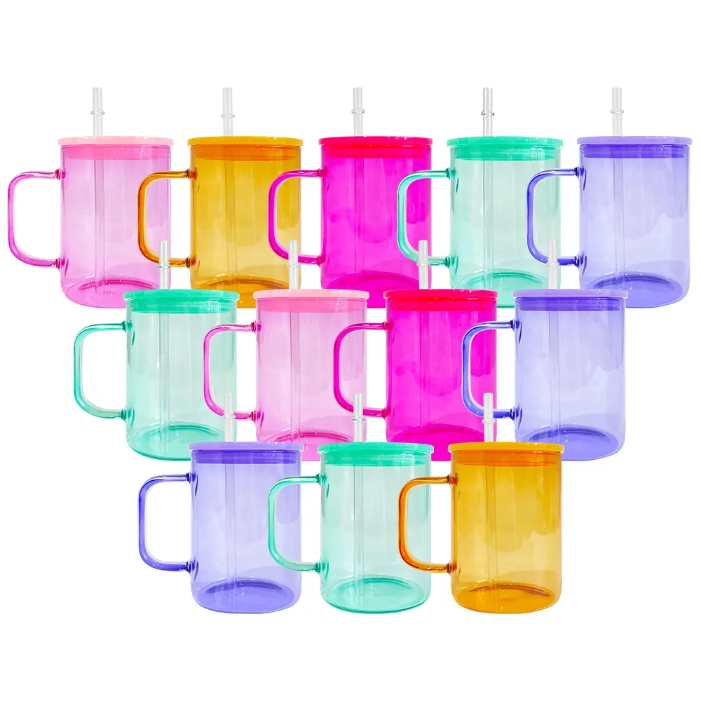 US-Lager 17oz bunte klare Gelee Glas becher leere Sublimation farbige Kunststoff deckel Kaffeetassen mit Griff Für heißes Drucken