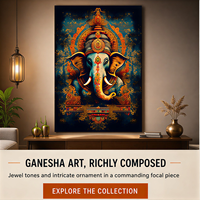 Lukisan Kanvas Dewa Ganesha Tiga Berwajah, Dekorasi Dinding Motif Bunga untuk Ruang Puja, Kuil, Foyer, Ruang Tamu, Hotel