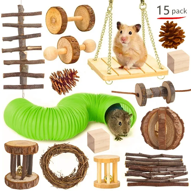 Hamaca Columpio de madera Natural para hámster, suministros para mascotas, juego de juguetes para morder