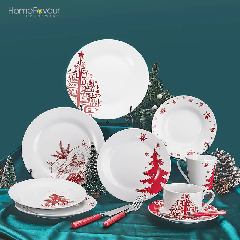 New Design Party Porcelain Dinnerware Set Red Christmas Tree Plate Mug Bowl Ceramic Plates Dinnerware