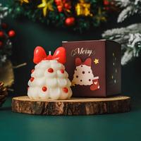 Bougie parfumée artisanale en cire de soja en forme de sapin de Noël avec nœud noir, style gâteau 3D, décoration de table du Nouvel An, boîte cadeau