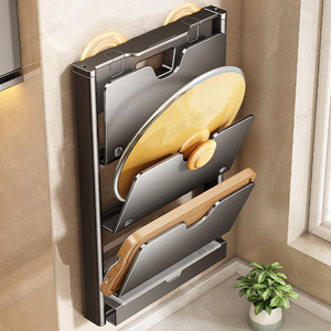 Kitchen Suction Pot Lid Holder Wall Mounted Multi Functional Cutting Board Organizer Storage Device Punch Free Polished Finish - Product Image 3