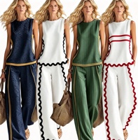 Nouvel ensemble pantalon large contrastant sans manches de style européen et américain pour femme – Tenue décontractée d'été tendance deux pièces
