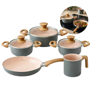 Juego de Ollas y Sartenes de Cerámica Moderna con Revestimiento de Mármol, Tapas de Vidrio, Asas de Baquelita, Antiadherente, 6 Piezas, de Aluminio, Compatible con Inducción - Product Image 1