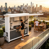 Îlot de cuisine extérieur de luxe moderne en acier inoxydable avec panneau de porte en bois massif pour villa, cour, barbecue, station de cuisson, usine