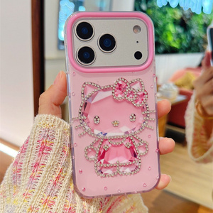Coque de téléphone portable Cartoon Diamond KT Cat Bow pour iPhone 17 16 15 Pro Max, cadre d'appareil photo mignon et brillant, coque arrière 3D en cristal DIY IMD - Product Image 3