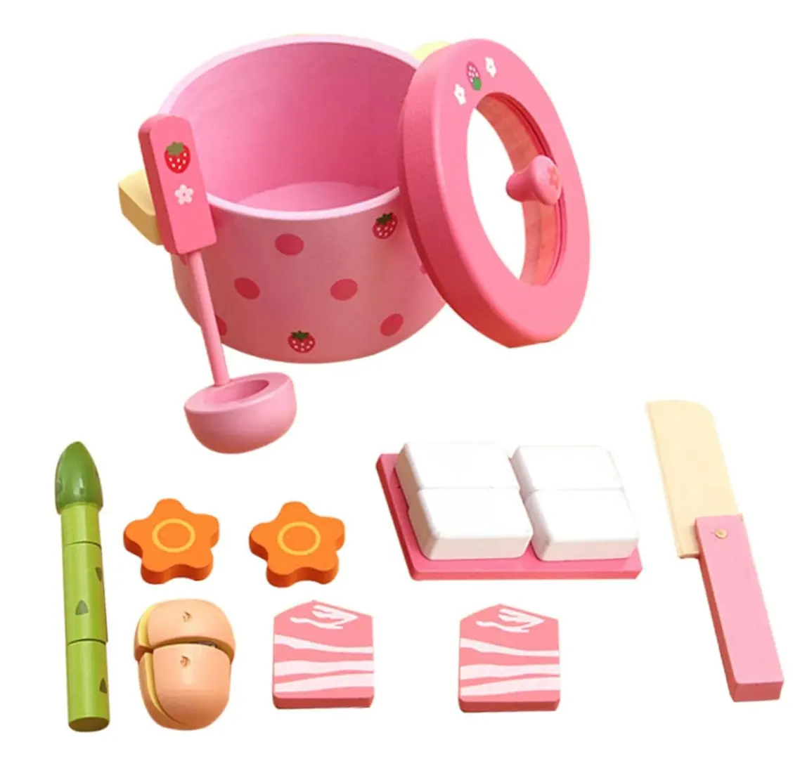 Fresa vegetal olla caliente cepillo olla simulación de madera vegetal olla caliente juguetes de madera juego de comida para niños