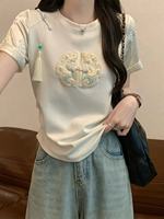 Kaos Lengan Pendek Bordir Gaya Cina Baru, Atasan Wanita Musim Panas Gaya Nasional Kancing Katak Pinggang Berkerut