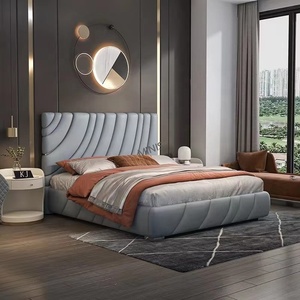 Meubles de chambre à coucher modernes en bois confortables de style chinois, lit king-size ou queen-size avec couleur personnalisée, en cuir véritable, avec tables de chevet - Product Image 4