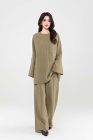 Ensemble coordonné en lin pour femmes musulmanes, mode modeste, avec logo personnalisé OEM, coupe ample, tunique à manches cloche et pantalon large