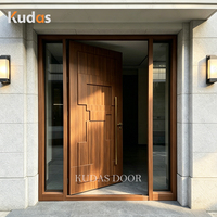 Porte d'entrée pivotante de luxe en aluminium moulé, avec motif géométrique 3D en bois de noyer, porte principale sécurisée avec double vitrage latéral