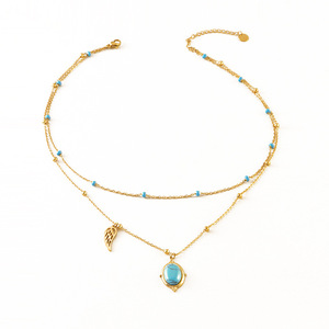 Collier de clavicule elliptique turquoise pour femmes en acier inoxydable plume plaqué or classique collier en couches Style pour cadeau - Product Image 6