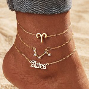 Summer <span class=keywords><strong>Beach</strong></span> 3 PCS/Set Or Couleur Horoscope Cheville Mode Strass Cristal Pied Chaîne 12 Signe du Zodiaque Cheville pour Filles Femmes - Product Image 1