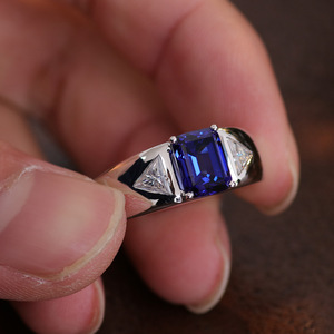 Anillo de Zafiro Cultivado en Laboratorio, Corte Asscher, 18K, Sólido, Personalizado por Xi Qing, Anillo de Boda de Media Eternidad - Product Image 3