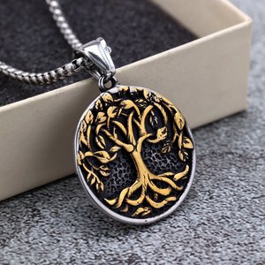Collier avec pendentif arbre de vie en acier inoxydable, bijoux unisexes avec breloque ronde, cadeau - Product Image 3