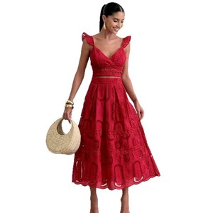 Conjunto Casual de Moda para Vacaciones en la Playa, Nuevo Modelo 2026, Top Corto <span class=keywords><strong>con</strong></span> Cuello en V + <span class=keywords><strong>Falda</strong></span> Tipo Paraguas de Cintura Alta <span class=keywords><strong>con</strong></span> Bordado - Product Image 5