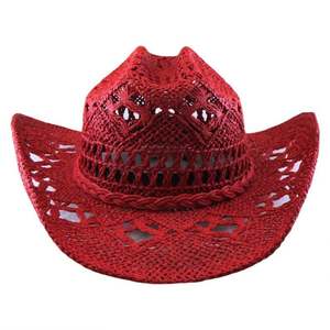 Chapeau de soleil en paille ajouré pour femme et fille, style vacances, avec ceinture tressée, modèle cowboy rouge tendance - Product Image 2