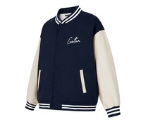 Veste de baseball unisexe décontractée, style varsity, bleu marine et beige, avec broderies et col rayé
