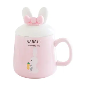 숟가락 창조적 인 머그잔 남녀 학생 커플 컵 도매 뚜껑이있는 만화 토끼 세라믹 컵 귀여운 토끼 귀 머그잔