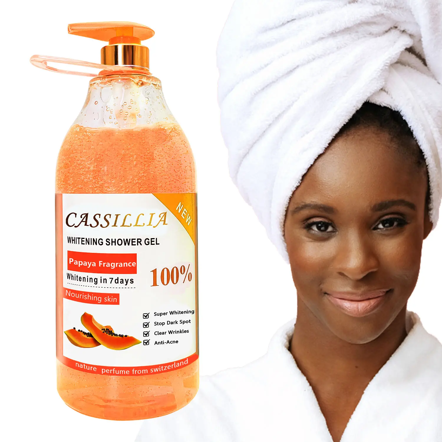 Cassillia oem odm nouveau gel de douche papaye, crème pour le corps, produits de bain, crème glacée, bombes de bain, lavage du corps, gel de douche oem, blanchiment