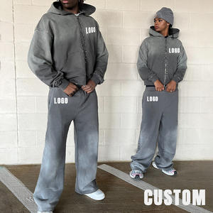 طقم بدلة رياضية مخصص بتصميم فضفاض مع سحاب ومرصع بالأحجار الكريمة للجنسين، بنطلون واسع وهودي للرجال، ملابس الشارع، بدلة رياضية بغسيل حمضي - Product Image 1