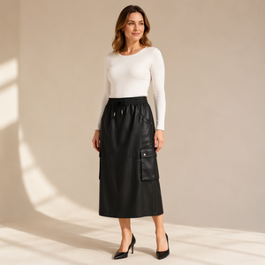Women's <strong>Black</strong> Polyester Faux <strong>Leather</strong> Cargo <strong>Skirt</strong> High Waist Drawstring Midi <strong>Skirt</strong> Streetwear Fashion PU <strong>Skirts</strong> - Product Image 1