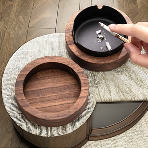 Cendrier rond portable en bois de noyer avec couvercle, design coupe-vent, doublure en acier inoxydable, utilisation intérieure/extérieure, classique pour la maison - Product Image 2