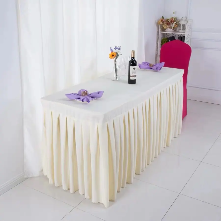 100% Polyester Goedkope Restaurant Wedding Tafel Rok Met Plooien Wegwerp Tafel Rokken Voor Koop Tafel Rok Fabriek