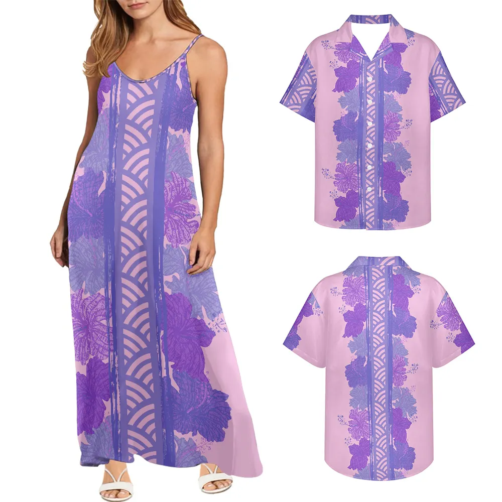 Couple Clothing Purple Plus Size Women's Casual Clothing Beach Polynesian Floral Pattern Off Shoulder Maxi Dress Match Men Shirt
