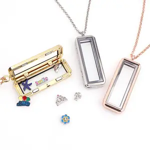 Openable Rectangle Glossy Alloy Frame lockets Pendant Necklace silver chains floating locket photo box necklace jewelry
