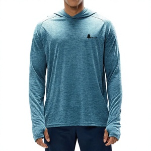 T-shirt à capuche bleu pour homme, manches longues, couleur unie, logo sur le devant, tricoté, anti-UV, 100% polyester, 220g, coupe classique, style décontracté et sportif - Product Image 1