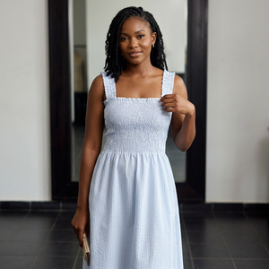Women's Light Blue Striped Smocked Bodice Sleeveless Maxi <b>Dress</b> | Vintage Breathable Daily Casual Cotton Blend Ruffle Hem - Product Image 4