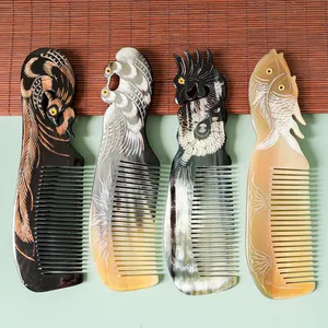 Peigne à cheveux en corne de buffle naturelle sculpté à la main en forme d'animal, écologique, antistatique, décoratif, pour le soin des cheveux, lot en gros - Product Image 2