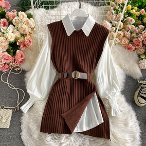 Conjunto informal de otoño y primavera para mujer, <span class=keywords><strong>camiseta</strong></span> <span class=keywords><strong>blanca</strong></span> de manga larga + Chaleco de punto <span class=keywords><strong>con</strong></span> abertura, <span class=keywords><strong>traje</strong></span> elegante para mujer - Product Image 1