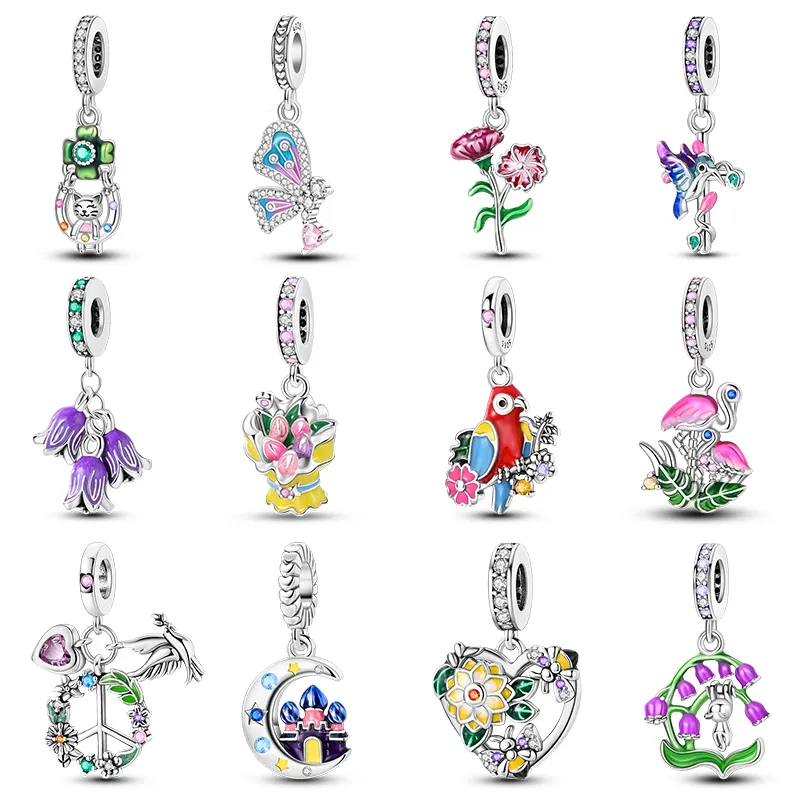 925 Sterlingsilber Feder bunt Papageien Kolibri Karnstein Emaille-Scharms Schmuck Charms Großhandel Armband Schmuck selbstgemachter Schmuck