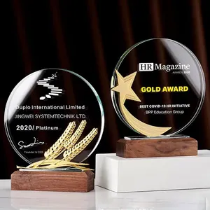 MH-NJ00707 Personalized Souvenirs Gif Wholesale Optical Glass Medal Award Wooden Base Stock Crystal Blank Trophy