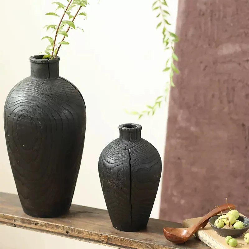 黒い丸い腹の花瓶、薄い口の花瓶の装飾品、ホームステイスタイルの装飾デザインセンス無垢材の工芸品