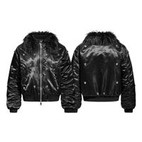 Blouson Bomber en Toile Enduite Rembourré Coton, Col en V, Motif Montagne Sombre, Fermeture Éclair Crochetée, Teint Uni, Style Industriel Lourd