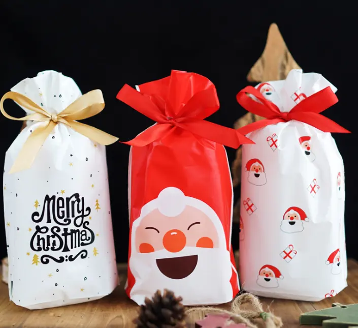 थोक नई डिजाइन क्रिसमस बैग रिबन रस्सी बैग कैंडी हाथ उपहार हिमपात का एक खंड के साथ कुकीज़ पेस्ट्री पैकेजिंग