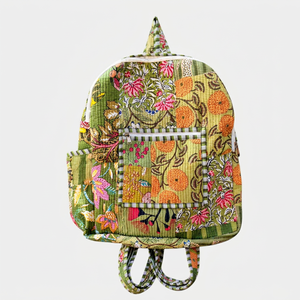 Sac à dos en coton matelassé à fleurs vertes bohèmes pour femmes, fermeture éclair, sac à dos souple pour la journée - Product Image 1