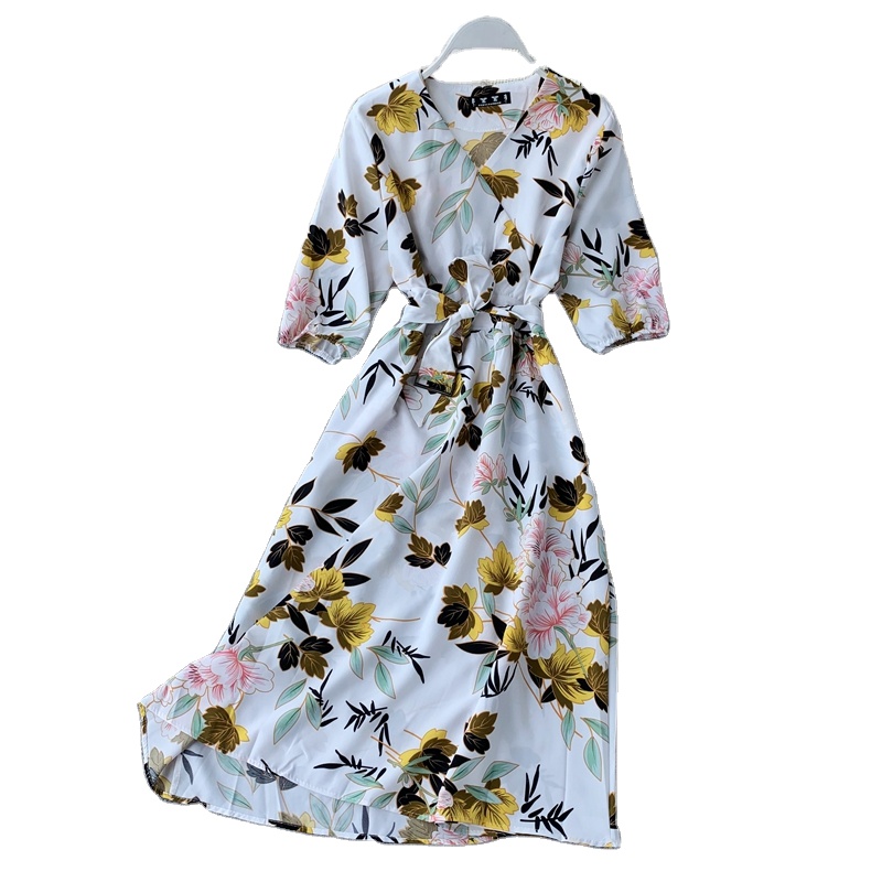 Boho V Neck Summer Floral Print Midi Long Chiffon Dress Party Bandage  Vestidos Women Casual Elegant Beach Holiday Tunic Dress| Alibaba.com