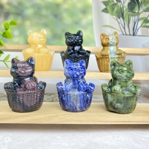 Оптовые натуральные целебные кристаллы в виде резных фигурок животных: кошка в бамбуковой корзине для декора дома - Product Image 1