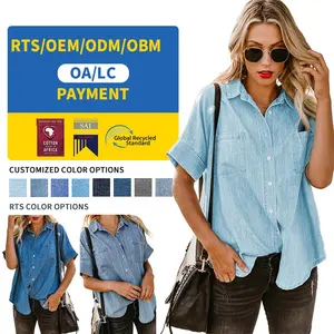 WC001 ODM OEM summer casual loose fashion denim tops Long Sleeve lapel simple pocket blouse denim shirt women
