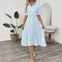Robe chemise en polyester à manches bouffantes rayées, coupe ajustée, pour femmes, toutes saisons, en bleu, style bureau