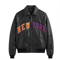 Blouson Bomber Homme en Cuir Véritable Respirant Coupe-Vent Col Montant Zippé Broderie Lettre New York Devant Décontracté Automne