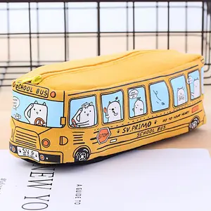 Fashion Cartoon Canvas Cute Pencil Case Box Pen Bag For Primary Students Creative Bus School Stationery Pencil Box
