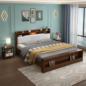 Nordic Solid Wood Bed 1.5m 1.8m Storage High Box Bed With Lighted Headboard Modern Minimalist Japanese Style Bedroom Furniture - Product Image 5