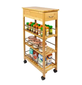 Bambus-Küchen-Strolley-Wagen mit Schublade, Dienstleistungs-Organisator-Rack, 4-Stufen-Schlankheits-Bambus-Kücheninseln-Aufbewahrungs-Strolley-Wagen